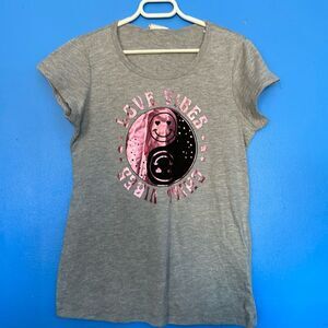 Belle du Jour Gray Cap Sleeve Tee Size L | Purple Foil "Love Vibes Chill Vibes"